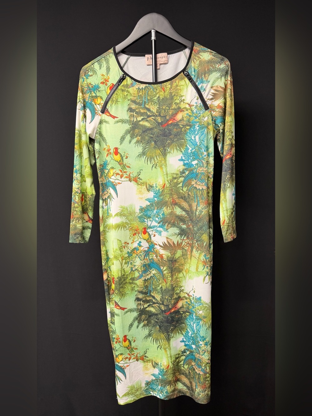 Philosophy Green Tropical Bird Print Long Sleeve Dress w/ Edgy Shoulder Zippers